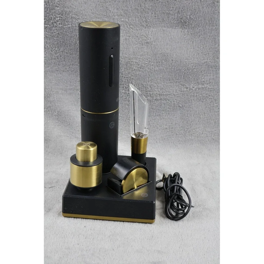 RBT 5-Piece Electric Wine Set Corkscrew‎ Aerator Stopper Rechargeable Black Gold
